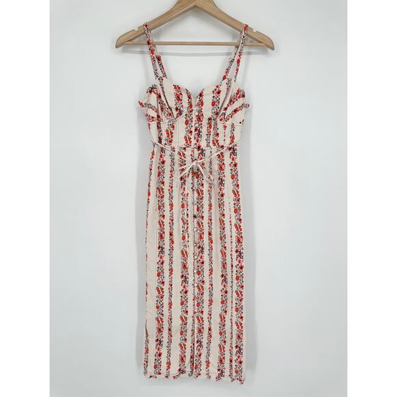 Anthropologie Slim Scalloped Corset Dress Floral Striped Belted Button Slit Midi - Picture 6 of 14